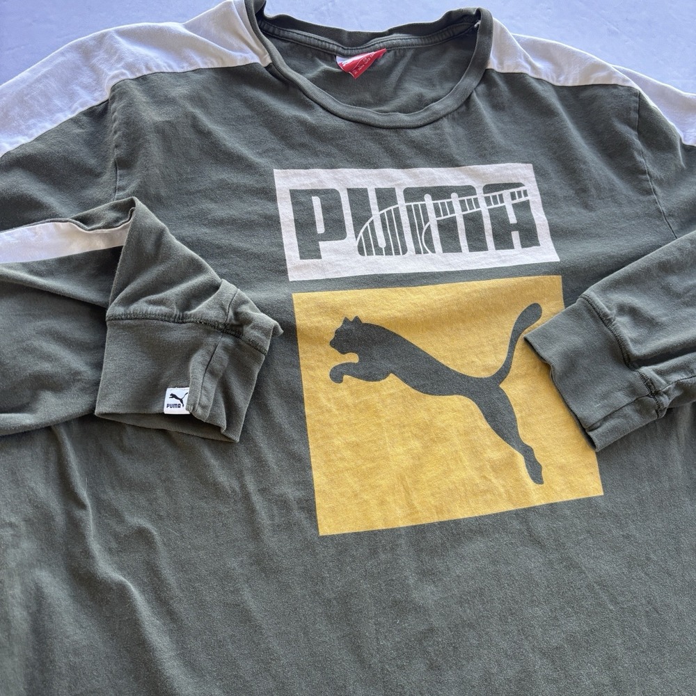 Puma Men's XL Long Sleeve Shirt Olive Green Yellow Logo Cotton Casual Tee